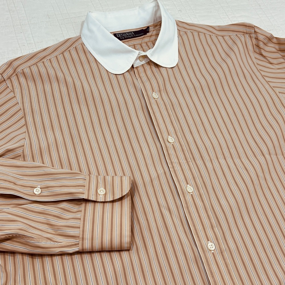 Polo Ralph Lauren Mens Large Tan Striped Button Down White Club Penny Collar L